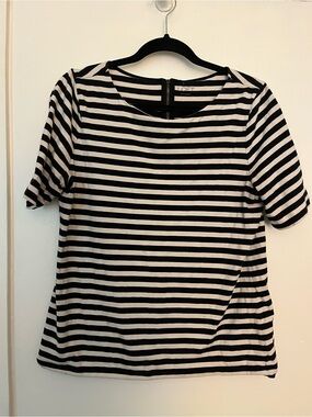 LOFT Black & White Striped Short Sleeve Tee with Back Zip